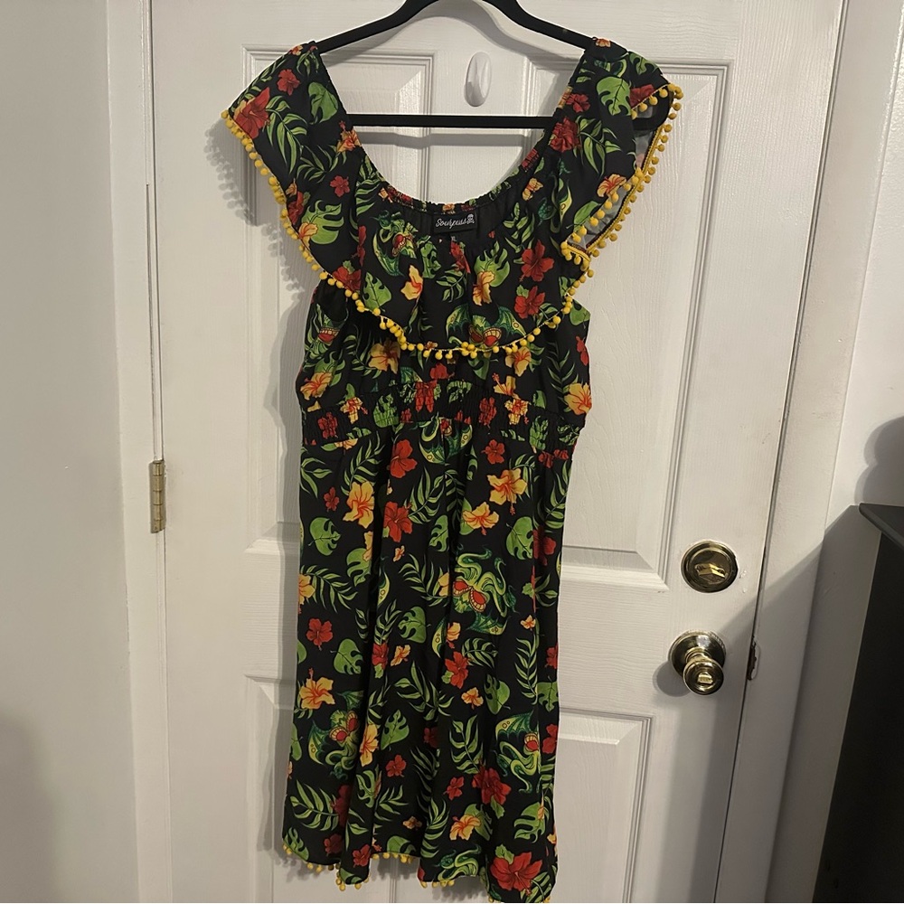 Sourpuss Black Floral Dress with Green and Red Accents